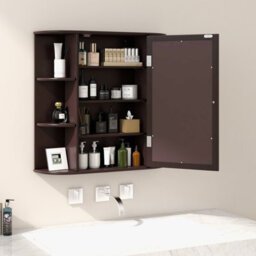 Costway 3 Tier Mirrored Bathroom Cabinet Wall Mount Storage Cupboard-Brown - thumbnail 9