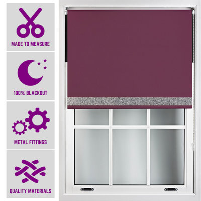 Furnished Blackout Blind With Silver Glitter Accent And Metal Fittings Made To Measure - Aubergine (W)150Cm X (L)165Cm