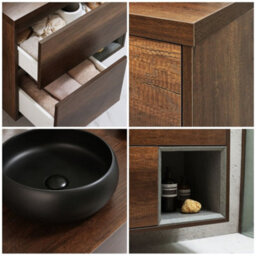 Homestylestore Dark Oak 594mm Wall Hung Bathroom Vanity Unit Round Countertop Graphite Basin Open Shelf - thumbnail 2