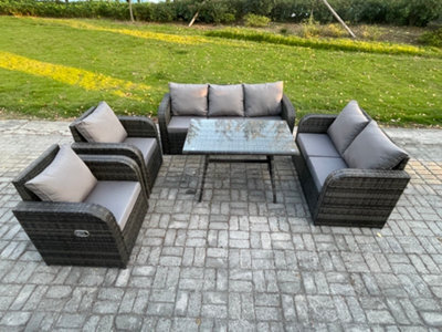 Fimous 7 Seater High Back Pe Rattan Sofa Set Outdoor Garden Furniture Dining Table Set With Reclining Chair For Balcony - image 1