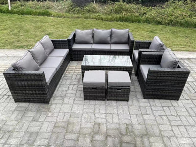 Fimous Outdoor Rattan Garden Furniture Lounge Sofa Set With Oblong Rectagular Coffee Table 2 Pc Arm Chair 2 Stools - image 1