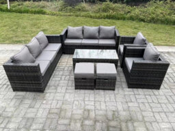 Fimous Outdoor Rattan Garden Furniture Lounge Sofa Set With Oblong Rectagular Coffee Table 2 Pc Arm Chair 2 Stools - thumbnail 1