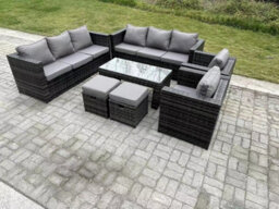 Fimous Outdoor Rattan Garden Furniture Lounge Sofa Set With Oblong Rectagular Coffee Table 2 Pc Arm Chair 2 Stools - thumbnail 2