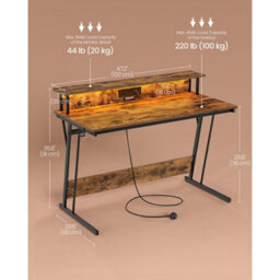 Songmics Gaming Desk With Shelf And Led, Computer Table With Charging Outlets For Small To Mid Spaces, Rustic Brown - thumbnail 2