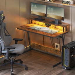 Gaming Desk With Shelf And Led, Computer Table With Charging Outlets For Small To Mid Spaces, Rustic Brown