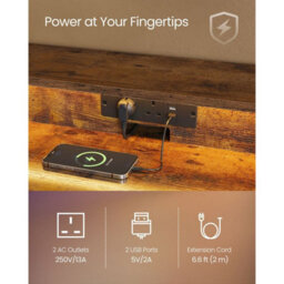 Songmics Gaming Desk With Shelf And Led, Computer Table With Charging Outlets For Small To Mid Spaces, Rustic Brown - thumbnail 3