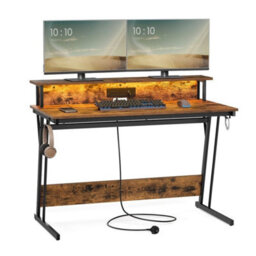 Songmics Gaming Desk With Shelf And Led, Computer Table With Charging Outlets For Small To Mid Spaces, Rustic Brown - thumbnail 6