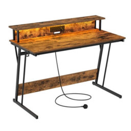 Songmics Gaming Desk With Shelf And Led, Computer Table With Charging Outlets For Small To Mid Spaces, Rustic Brown - thumbnail 7
