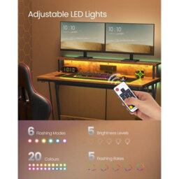 Songmics Gaming Desk With Shelf And Led, Computer Table With Charging Outlets For Small To Mid Spaces, Rustic Brown - thumbnail 4
