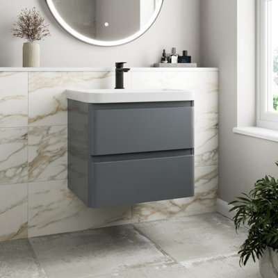 Affine Bathroom Wall Hung Vanity Unit Wash 600 Basin Base Cabinet Drawers Storage Grey - image 1