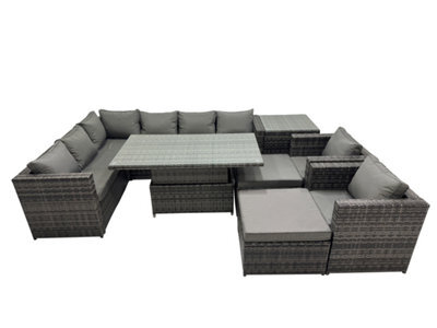 Fimous 10-Seater Height Adjustable Rising Lifting Table Corner Sofa Set Rattan Garden Furniture Set With 2 Big Stools Side Table - image 1