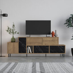 "Decortie Hermes Modern Tv Unit Multimedia Centre Large Storage 52"" Tvs Cabinet Fits Dark Oak Black Marble Effect 171.2Cm"