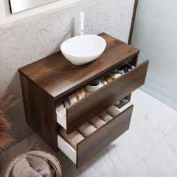 Homestylestore Dark Oak 1000mm Led Lit Wall Hung Bathroom Vanity Unit With Oval Chalk Countertop Basin - thumbnail 2