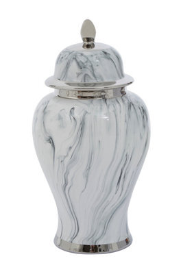 Orsina Large Marble Effect Ceramic Jar, Urn Shaped Decorative Jar With Lid And Silver Trim, White Marble Vase - image 1