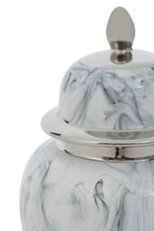 Orsina Large Marble Effect Ceramic Jar, Urn Shaped Decorative Jar With Lid And Silver Trim, White Marble Vase - thumbnail 2