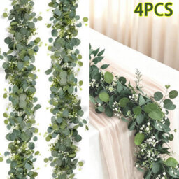 CLEFFNS 4Pcs Eucalyptus Garland Faux Silk Leaf Silver Dollar Artificial Greenery Fake Eucalyptus Leaves Garlands For Table Wedding Party - thumbnail 1