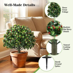 Gainoom Set Of 2 Artificial Holly & Red Berry Topiary Trees 60 Cm Sun-Protective Faux Evergreen Shrubs - thumbnail 6