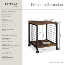 Tectake Bedside Table Gary - Industrial Style, 2 Shelves, Swivel Castors, 40 X 40 X 48 Cm - Industrial Wood Dark, Rustic - thumbnail 6
