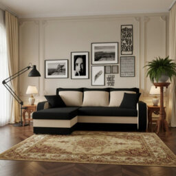 Kris M Corner Sofa Bed Has Storage Ottoman Polyurethane Foam Wooden Frame Plastic Legs 238X147X80Cm Black And Cream - thumbnail 1