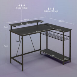 Homcom L Shaped Desk With Led Lights And Storage, Black - thumbnail 3