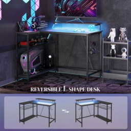 Homcom L Shaped Desk With Led Lights And Storage, Black - thumbnail 6