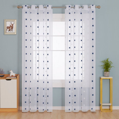 Deconovo Linen Look Embroidered Voile Curtains Star Pattern Sheer Curtains For Livingroom 55 X 54 Inch Navy Blue Two Panels - image 1