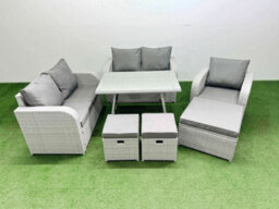 Fimous 8 Seater Outdoor Rattan Garden Furniture Set With Rectangular Dining Table 3 Footstools Light Grey - thumbnail 2
