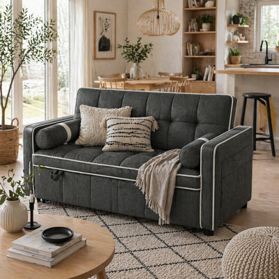 Wyld Haus Tapa Linen-Effect Charcoal Grey 2-Seater Sofa Bed With White Trim And Pillows - image 1