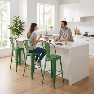 "Fwstyle Bistro Metal Bar Chairs Stools Set Of 4 30"" Green Gloss Galvanised Steel Indoor & Outdoor" - image 1