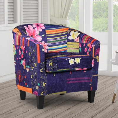 Tub Chair Armchair Club Chair In Purple Patchwork Fabric - image 1