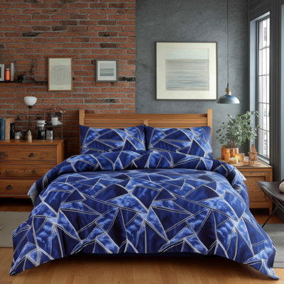 Duvet Cover And Pillowcase Set Navy Blue Triangle Print Design Polycotton Bed Linen Blue - image 1