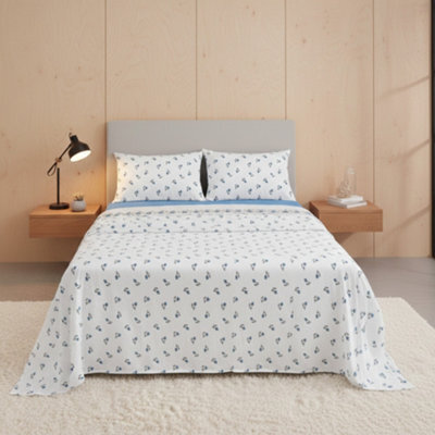 Soft Flower Print Brushed Cotton Fitted Flat Sheet And Matching Pillowcases Blue - image 1