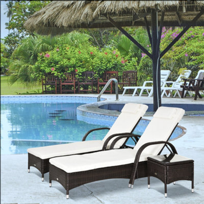Outsunny 3 Pcs Rattan Lounger Recliner Bed Garden Furniture Set W/ Side Table - image 1