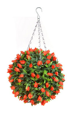 Pair Of Best Artificial 28Cm Orange Tulip Hanging Basket Flower Topiary Ball - Suitable For Outdoor Use - Weather & Fade Resistant - image 1
