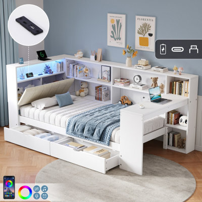 Btm 3Ft L Shape Daybed, Storage Drawers And Bookcase, Led Headboard With Charging Station, White, 90X190Cm - image 1