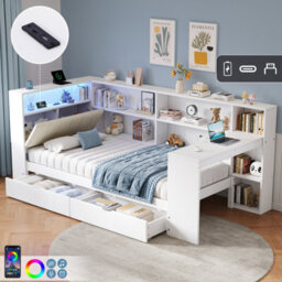 Btm 3Ft L Shape Daybed, Storage Drawers And Bookcase, Led Headboard With Charging Station, White, 90X190Cm - thumbnail 1