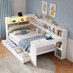 Btm 3Ft L Shape Daybed, Storage Drawers And Bookcase, Led Headboard With Charging Station, White, 90X190Cm - thumbnail 3