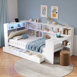 Btm 3Ft L Shape Daybed, Storage Drawers And Bookcase, Led Headboard With Charging Station, White, 90X190Cm - thumbnail 5