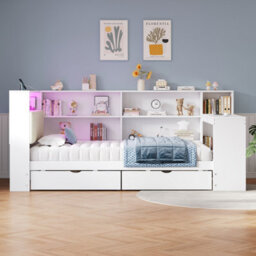 Btm 3Ft L Shape Daybed, Storage Drawers And Bookcase, Led Headboard With Charging Station, White, 90X190Cm - thumbnail 4