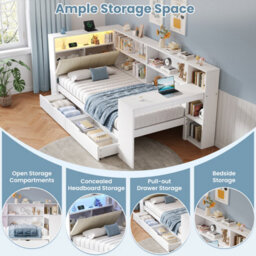 Btm 3Ft L Shape Daybed, Storage Drawers And Bookcase, Led Headboard With Charging Station, White, 90X190Cm - thumbnail 7