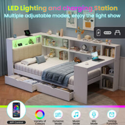 Btm 3Ft L Shape Daybed, Storage Drawers And Bookcase, Led Headboard With Charging Station, White, 90X190Cm - thumbnail 9