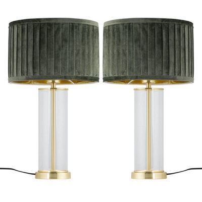 First Choice Lighting Set Of 2 Aura - Satin Brass Lamps With Green Pleated Velvet Shades - image 1