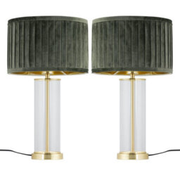 First Choice Lighting Set Of 2 Aura - Satin Brass Lamps With Green Pleated Velvet Shades