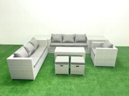 Fimous Wicker Pe Rattan Sofa Garden Furniture Set Oblong Coffee Table Armchair 2 Small Stools 2 Side Tables Light Grey - thumbnail 1