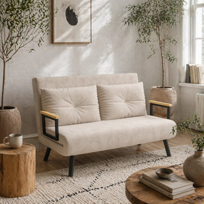 Wyld Haus Vaziva Velvet Beige 4-In-1 Convertible Double Sofa Bed With 2 Cushions