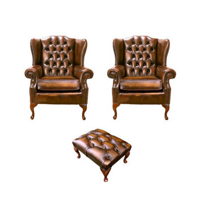 Chesterfield 2 X Wing Chair + Footstool Antique Gold Leather In Mallory Style - image 1