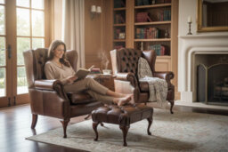 Chesterfield 2 X Wing Chair + Footstool Antique Gold Leather In Mallory Style - thumbnail 2