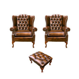 Chesterfield 2 X Wing Chair + Footstool Antique Gold Leather In Mallory Style - thumbnail 1