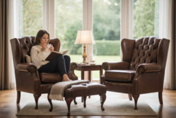 Chesterfield 2 X Wing Chair + Footstool Antique Gold Leather In Mallory Style - thumbnail 3