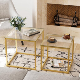 Huhote Elegant Nesting Tables 2 Set Glass Top With Metal Frame Living Room Bedroom Balcony Office Diameter 50 45 Cm Coffee Table - thumbnail 1